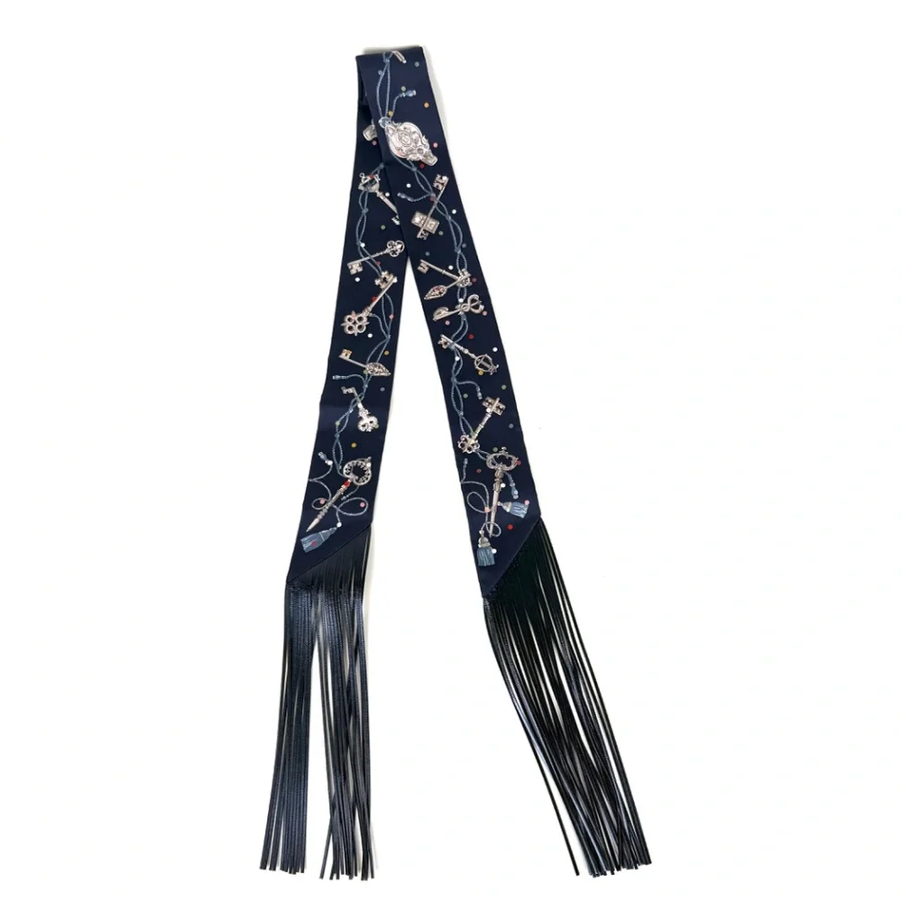 SOLD HERMES Les Cles a Pois Bleu Marine Gris Argent Silk Leather Twilly Scarf - Picture 4 of 9